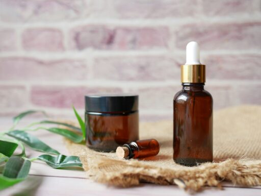 Natural skincare products with essential oil bottles